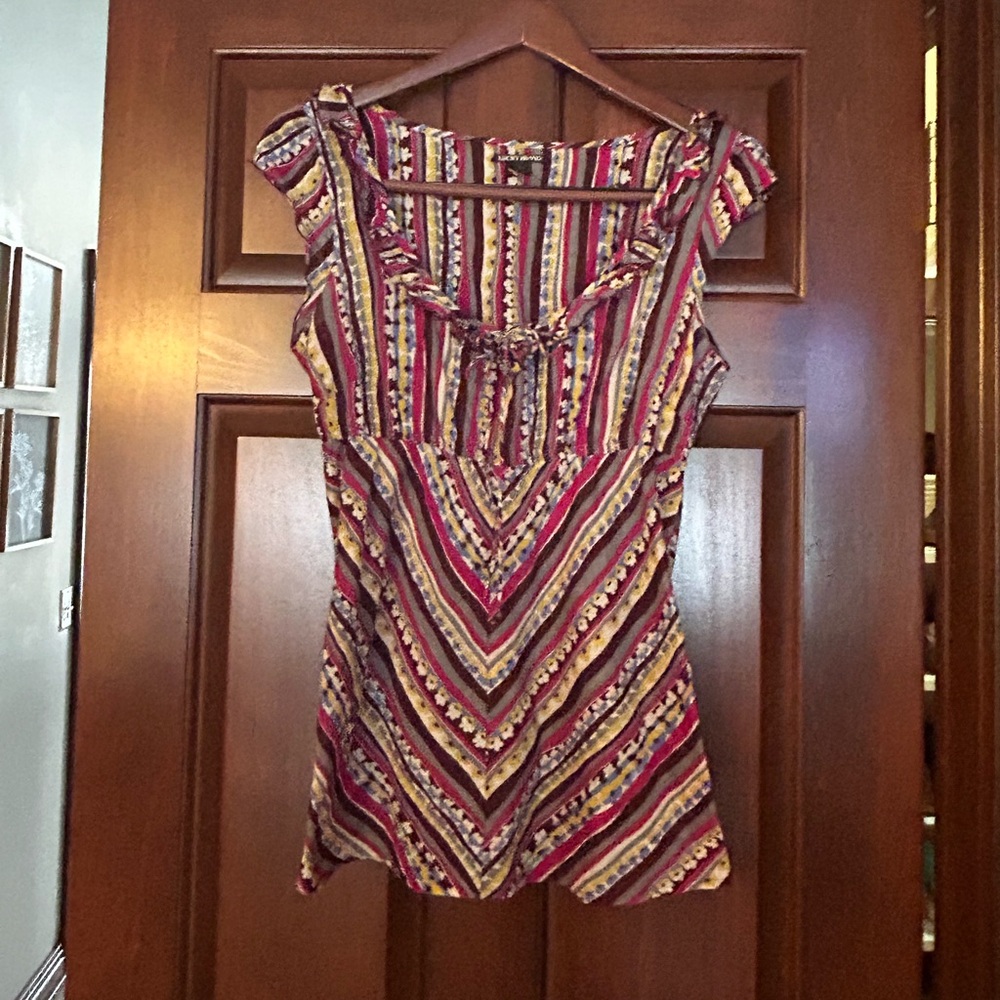 Lucky Brand Boho Stripe Floral‎ Tie Front Top Size Small